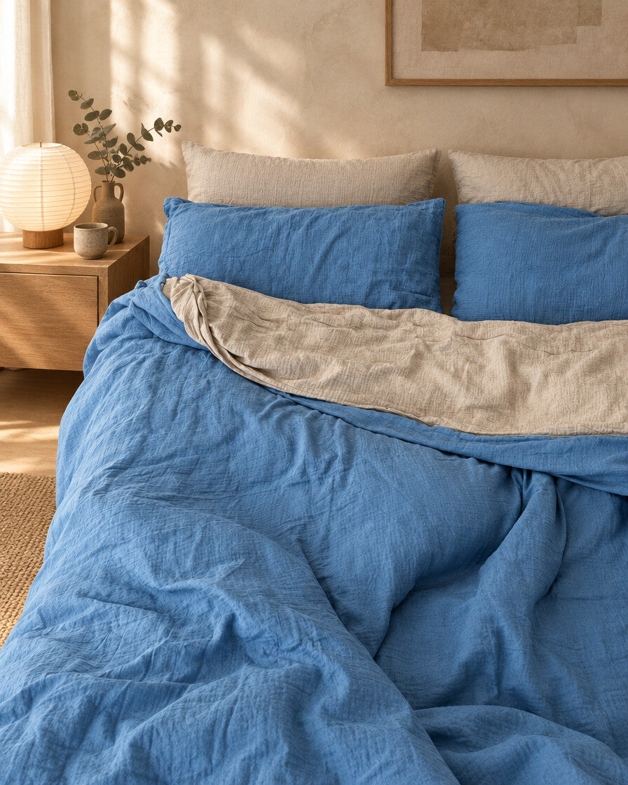 Two-tone cloud cotton bedding in blue and cream, styled in a serene Japandi bedroom