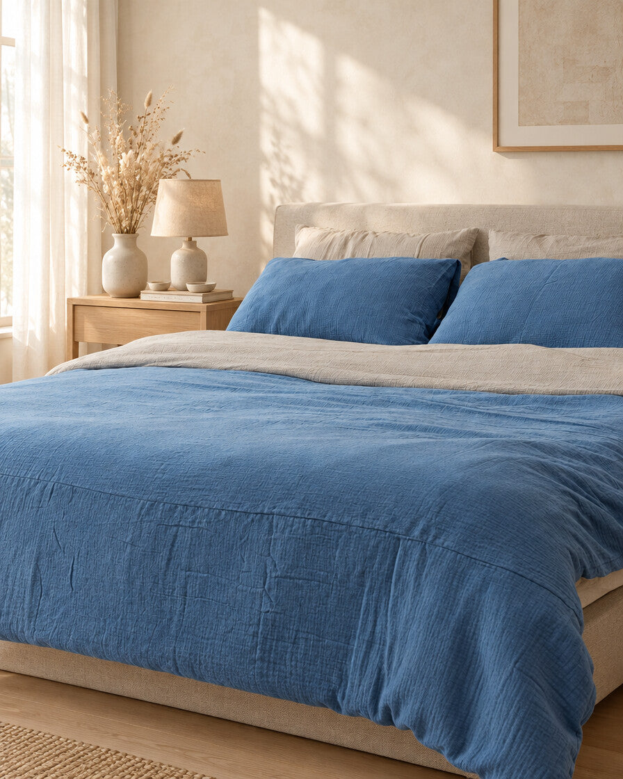 Two-tone cloud cotton bedding, styled in a calm sunlit Scandinavian bedroom