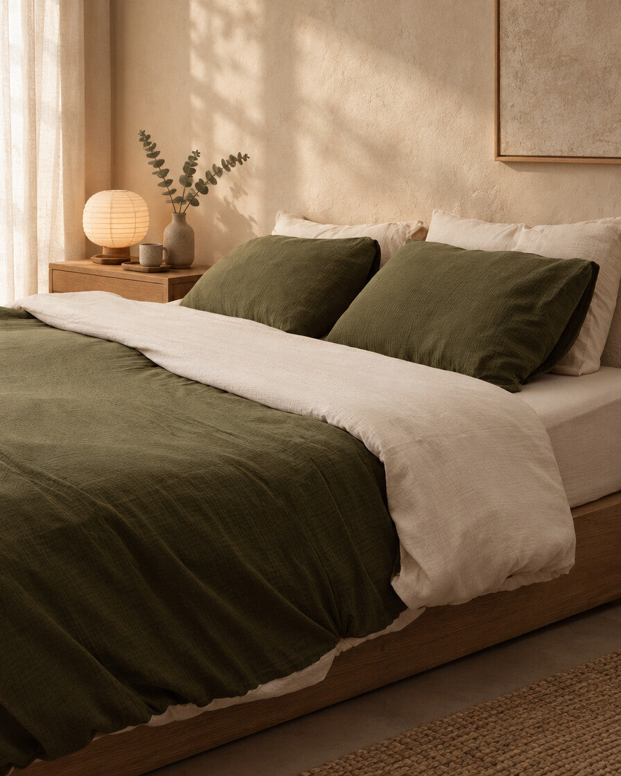 Two-tone cloud cotton bedding in olive green and cream, styled in a serene Japandi bedroom