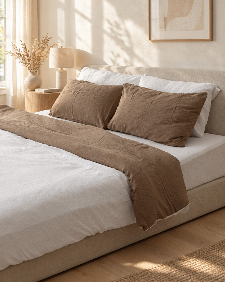 Two-tone cloud cotton bedding in mocha and white, styled in a calm sunlit Scandinavian bedroom