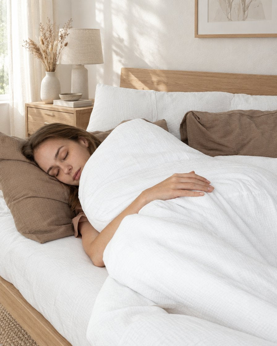 Woman asleep on white and mocha two-tone cloud cotton bedding, in a calm sunlit Scandinavian bedroom