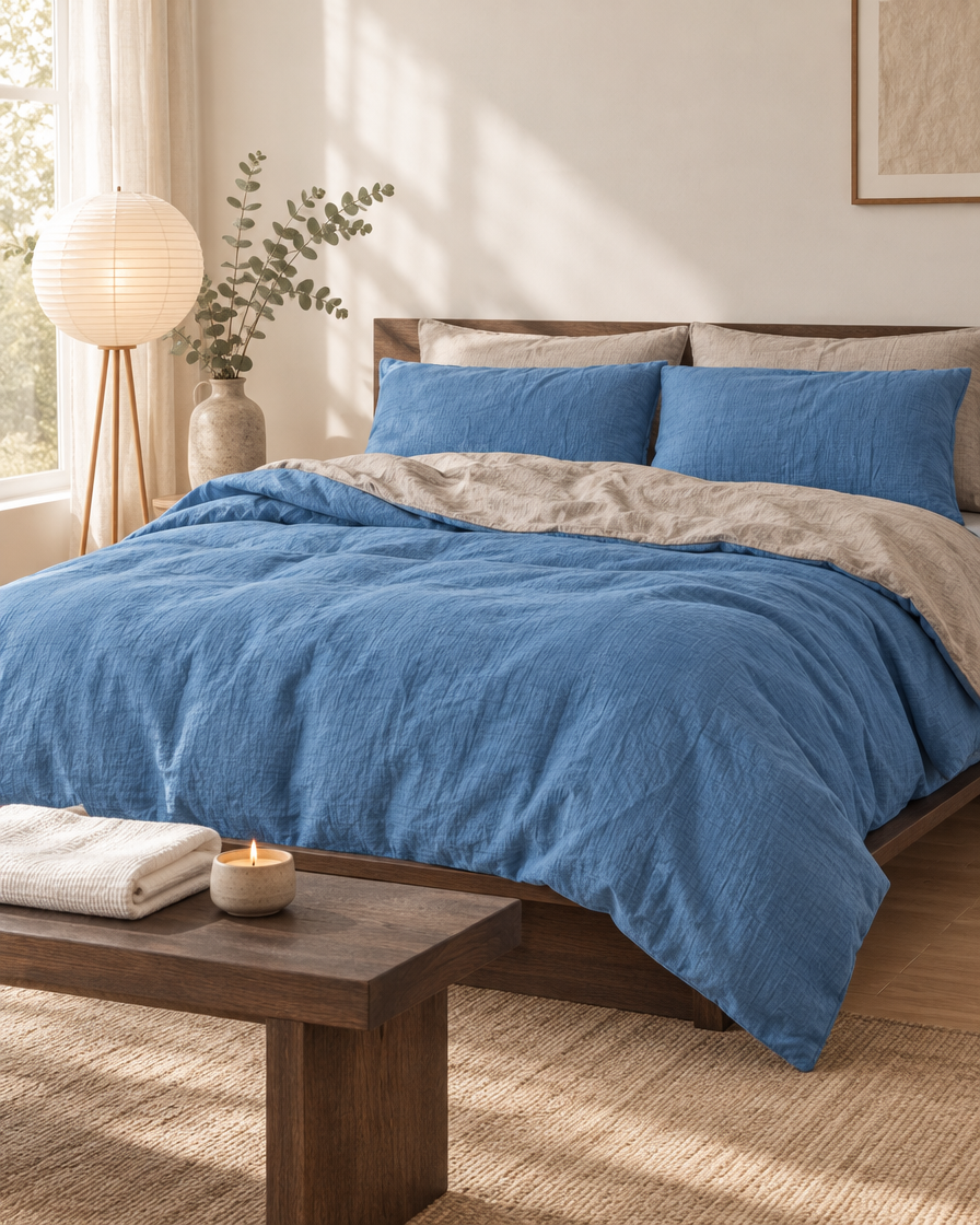 Two Tone Cloud Cotton bedding in Blue Jeans and Warm Grey on a dark-oak Japandi bed with a bench and candle