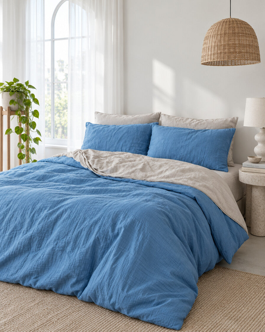 Blue and cream two-tone cloud cotton bedding beneath an arched window with a trailing pothos and rattan pendant