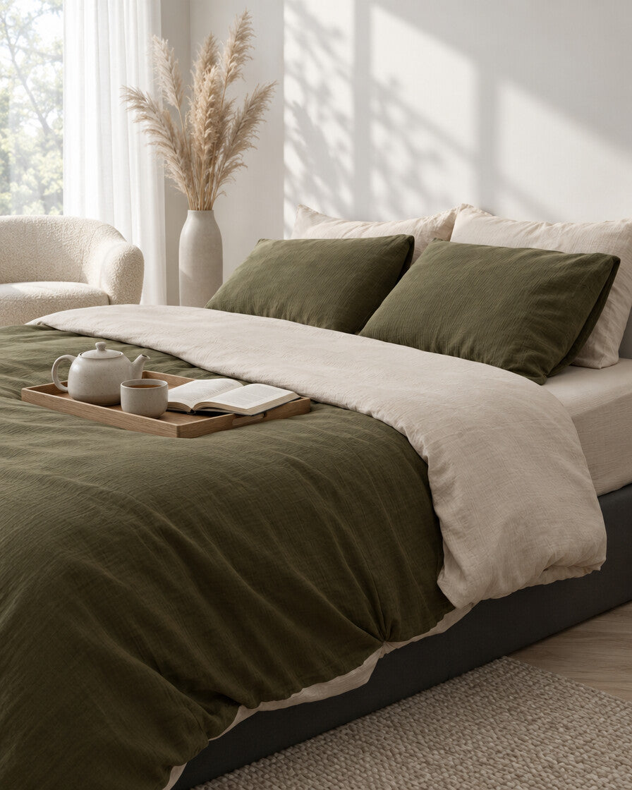 Olive green and cream two-tone cloud cotton bedding with a tea tray and open book, a boucle armchair in the corner