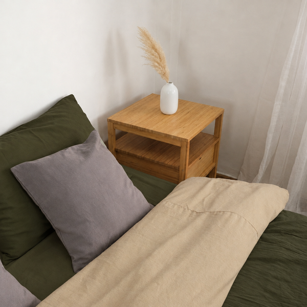 Two tone Plain Cotton bedding in Forest Green and Beige