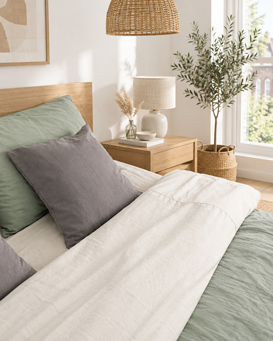 Sage green and cream two-tone plain cotton bedding with a grey cushion, beside an oak bedside table in a bright bedroom