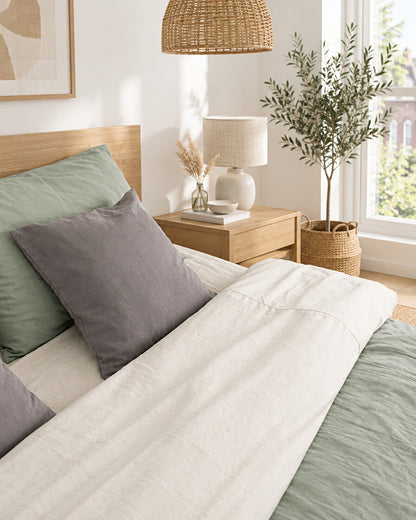 Sage green and cream two-tone plain cotton bedding with a grey cushion, beside an oak bedside table in a bright bedroom