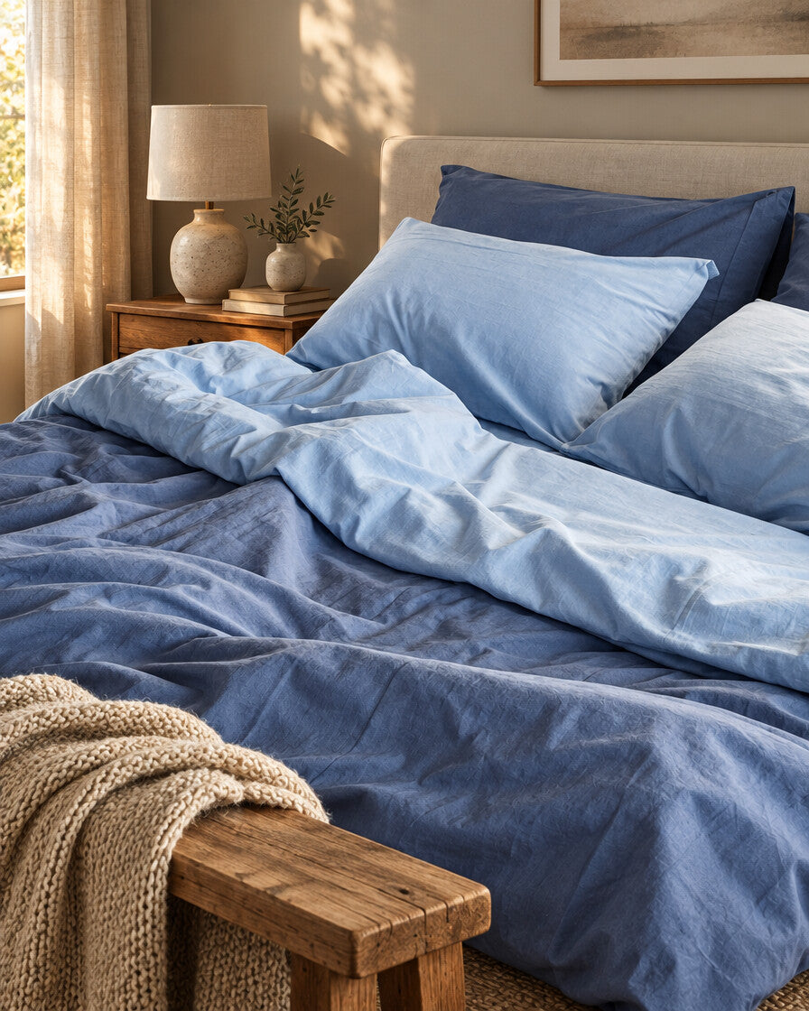 Two shades of blue in two-tone plain cotton bedding, styled in a cosy contemporary bedroom