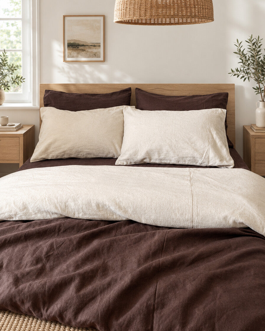 Chocolate brown and cream two-tone plain cotton bedding made up with cream pillows on an oak bed