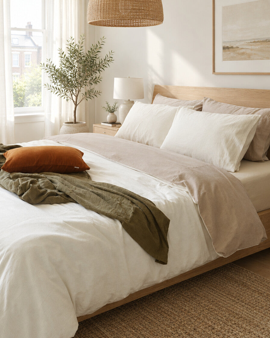 Two-tone plain cotton bedding in cream, styled in a bright modern townhouse bedroom