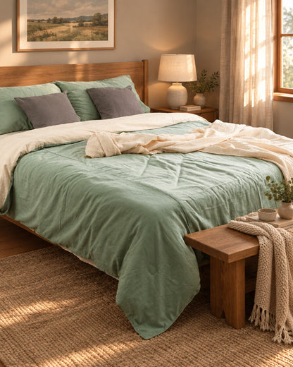 Sage green and cream two-tone plain cotton bedding on a wooden bed, with a bench and knitted throw at its foot