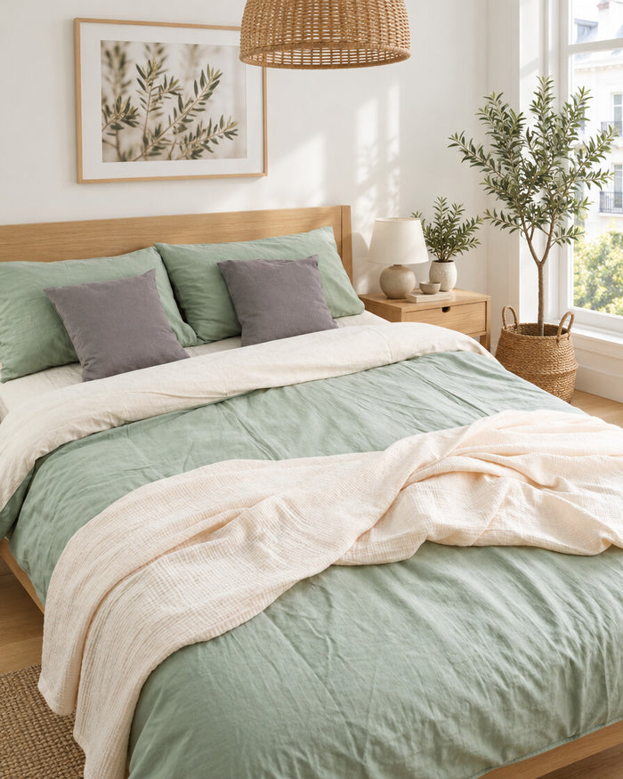 Mint green and cream two tone Plain Cotton bedding with grey cushions