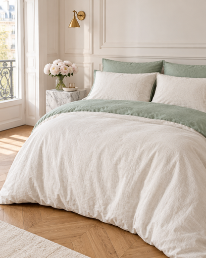 Two Tone Plain Cotton bedding in cream with a sage reverse on a bed in a Parisian bedroom with peonies