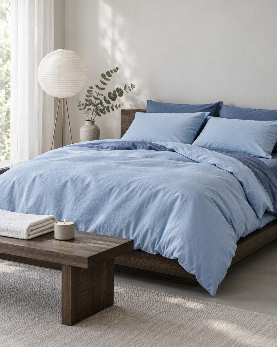 Two shades of blue two-tone plain cotton bedding in a calm Japandi bedroom on a low dark-oak bed