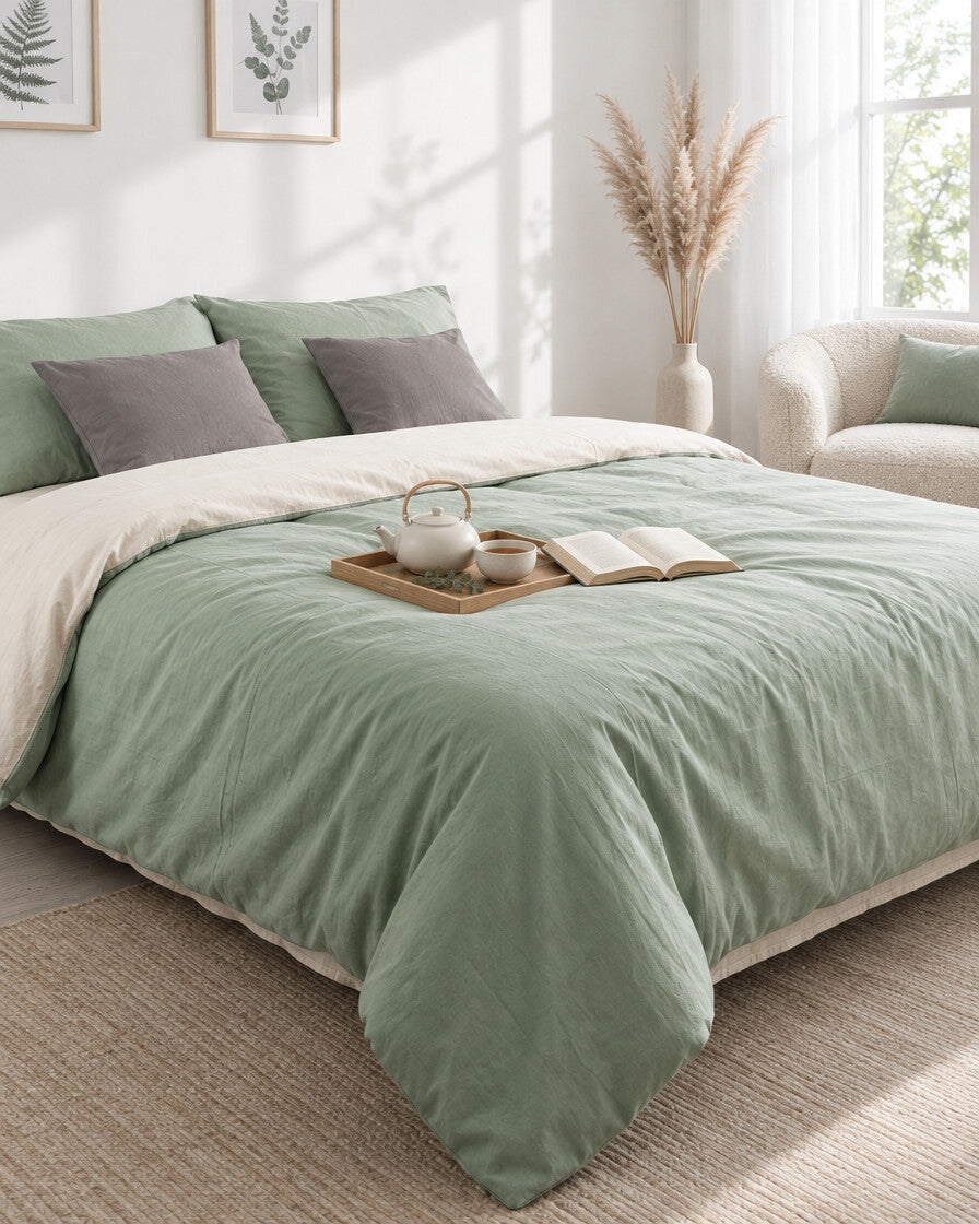 Sage green and cream two-tone plain cotton bedding with a tea tray and open book, a boucle armchair in the corner