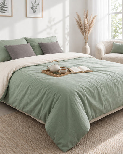 Sage green and cream two-tone plain cotton bedding with a tea tray and open book, a boucle armchair in the corner