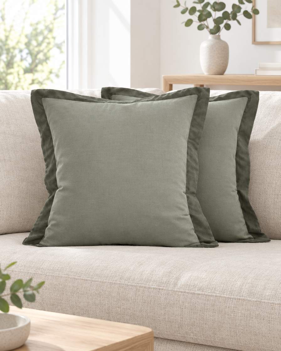 Sage viscose-linen cushion covers with a darker olive flange on a natural linen sofa in a bright room