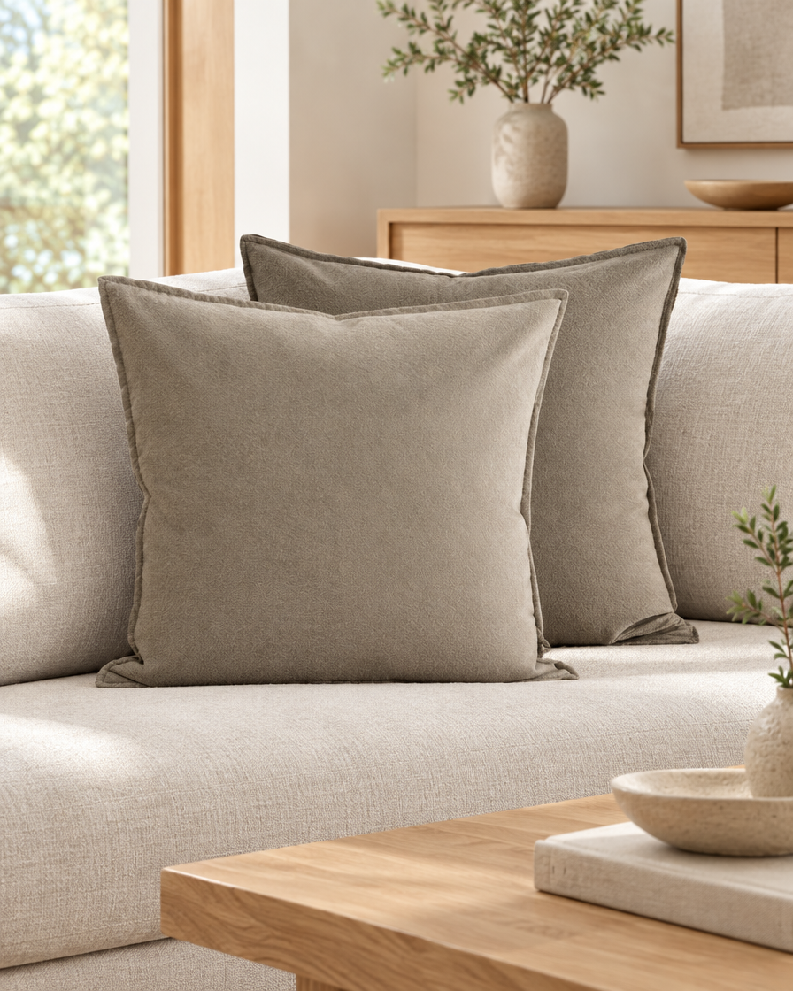 Two taupe two-tone flannel cushion covers with flat flange edges on a sofa beside a low oak table