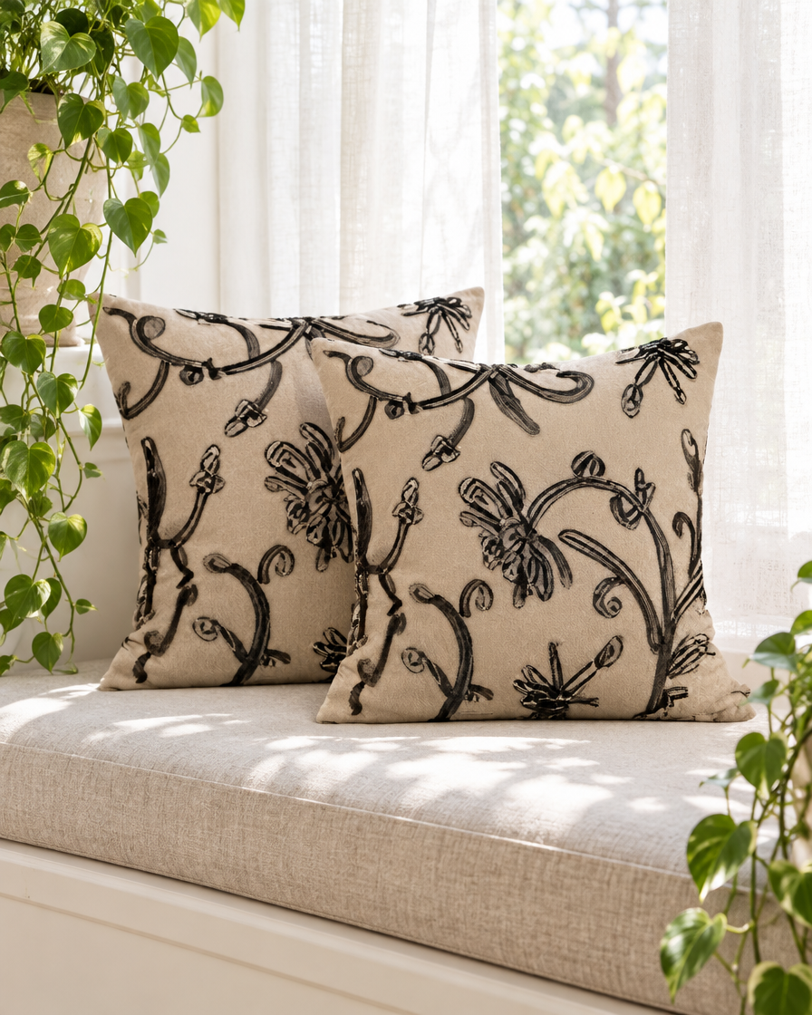 Sand cushion covers with black cord vine embroidery on a linen window seat with sheer curtains