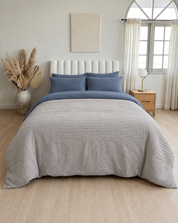 Warm Grey duvet cover with blue jeans reverse, blue jeans fitted sheet and blue jeans pillowcases in Cloud Cotton