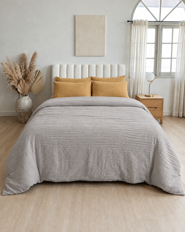 Warm Grey duvet cover, warm grey fitted sheet and mustard pillowcases in Cloud Cotton