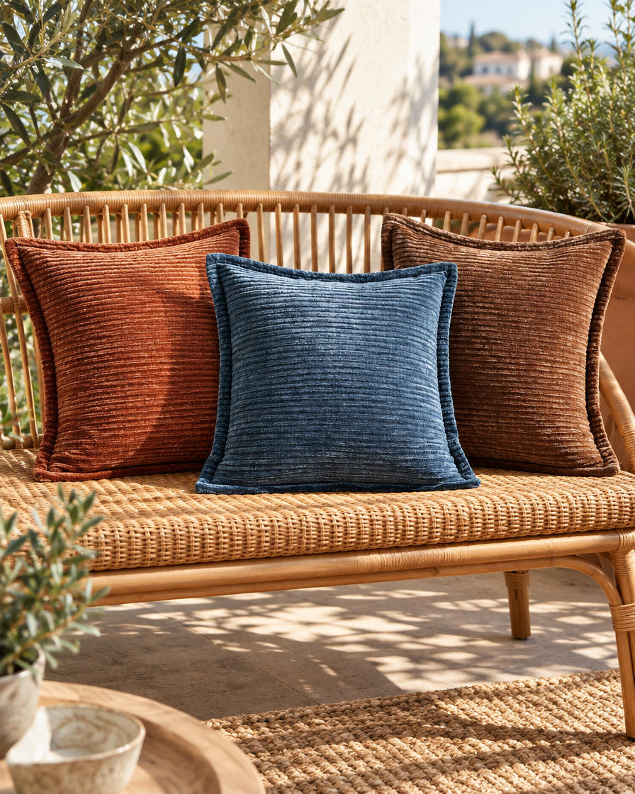 Rust, denim blue and tobacco washed velvet square cushions on a rattan bench on a sunny terrace