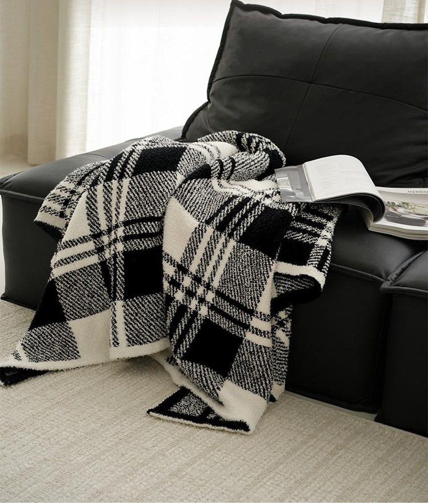 Black and White Check Faux Fur Knit Throw, styled at home